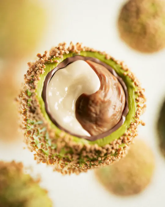 Hyper-detailed 3D render of a chocolate bonbon. Studio-lit, rendered in V-Ray with photo-finish in Photoshop.