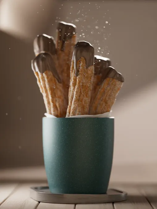 Tactile 3D render of churros in a paper cone. V-Ray render, Photoshop retouch.