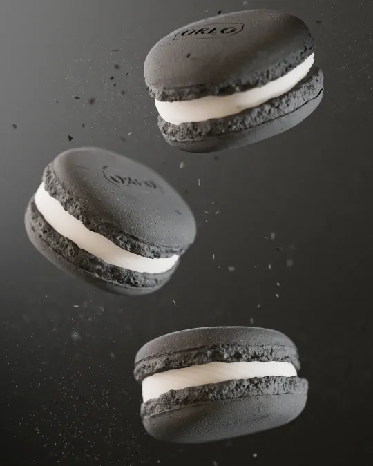 Editorial 3D render of a French macaron. Maya modeling, V-Ray render, Photoshop retouch.