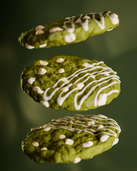 Cinematic 3D render of matcha cookies. Maya, ZBrush, V-Ray, Photoshop.
