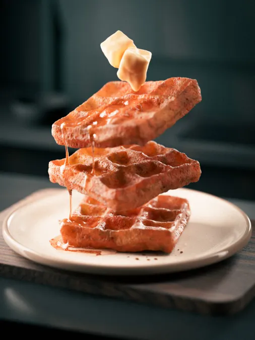 Mouth-watering 3D render of a waffle with honey. Maya modeling, ZBrush sculpting, V-Ray render, Photoshop finishing.